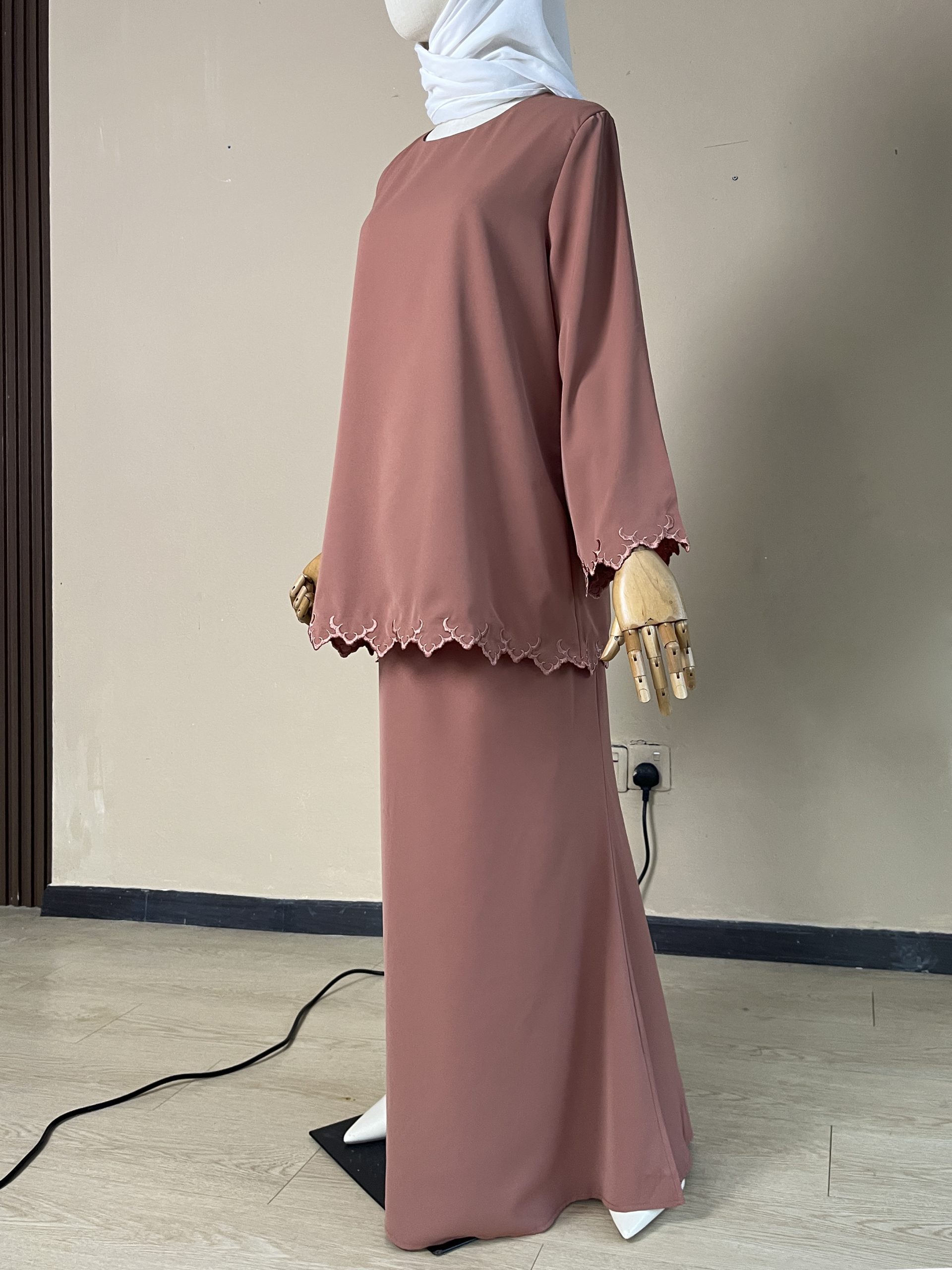 Qaseh Embroidery Kurung in Reddish Brown - Image 2