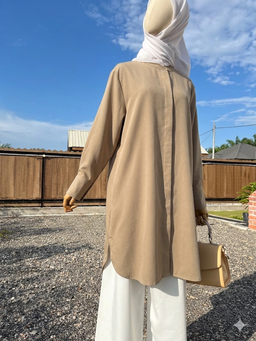 Blouse Labuh Muslimah Dania Long Tops In Beige Brown - Image 2