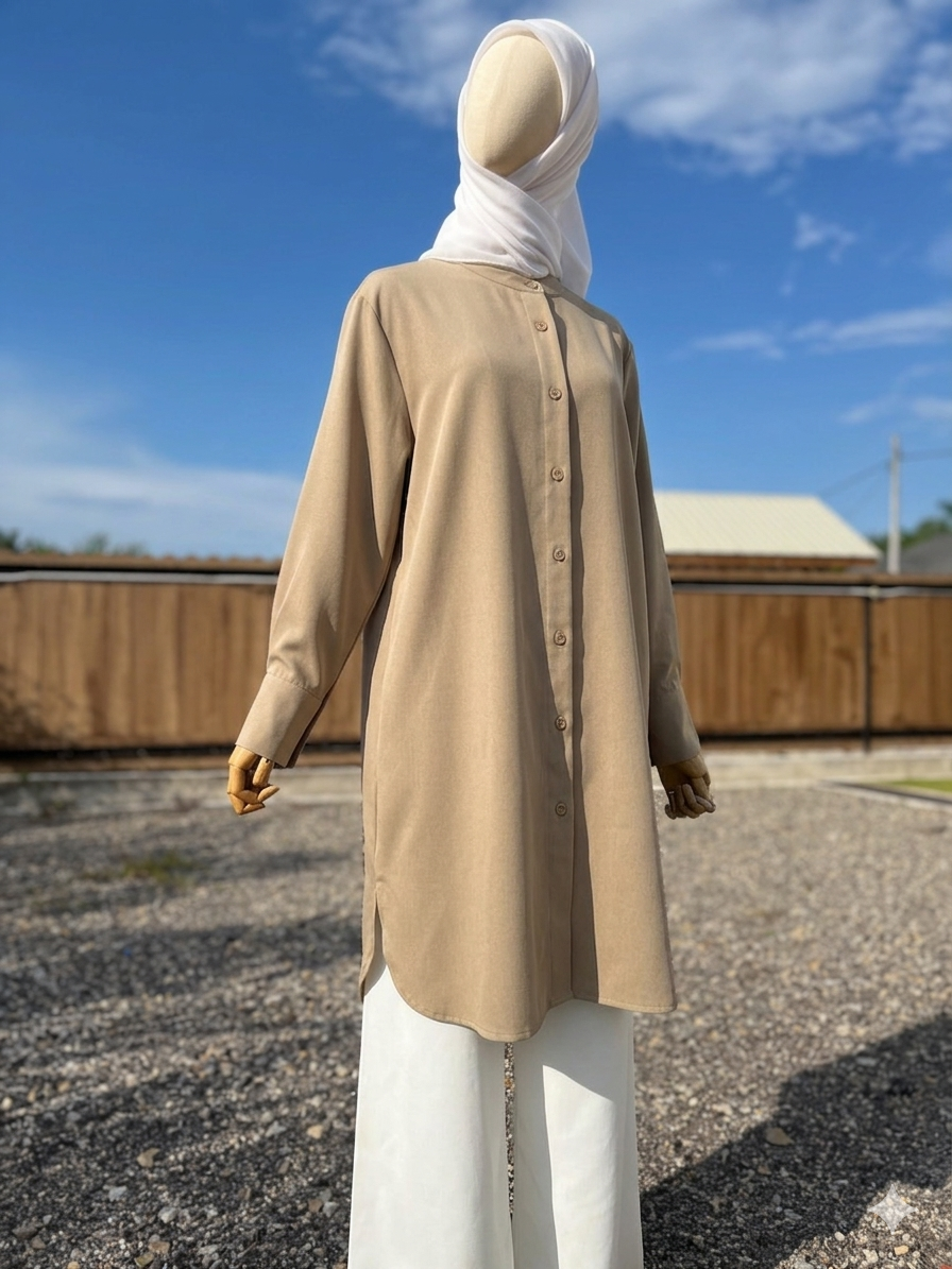 Blouse Labuh Muslimah Dania Long Tops In Beige Brown - Image 4