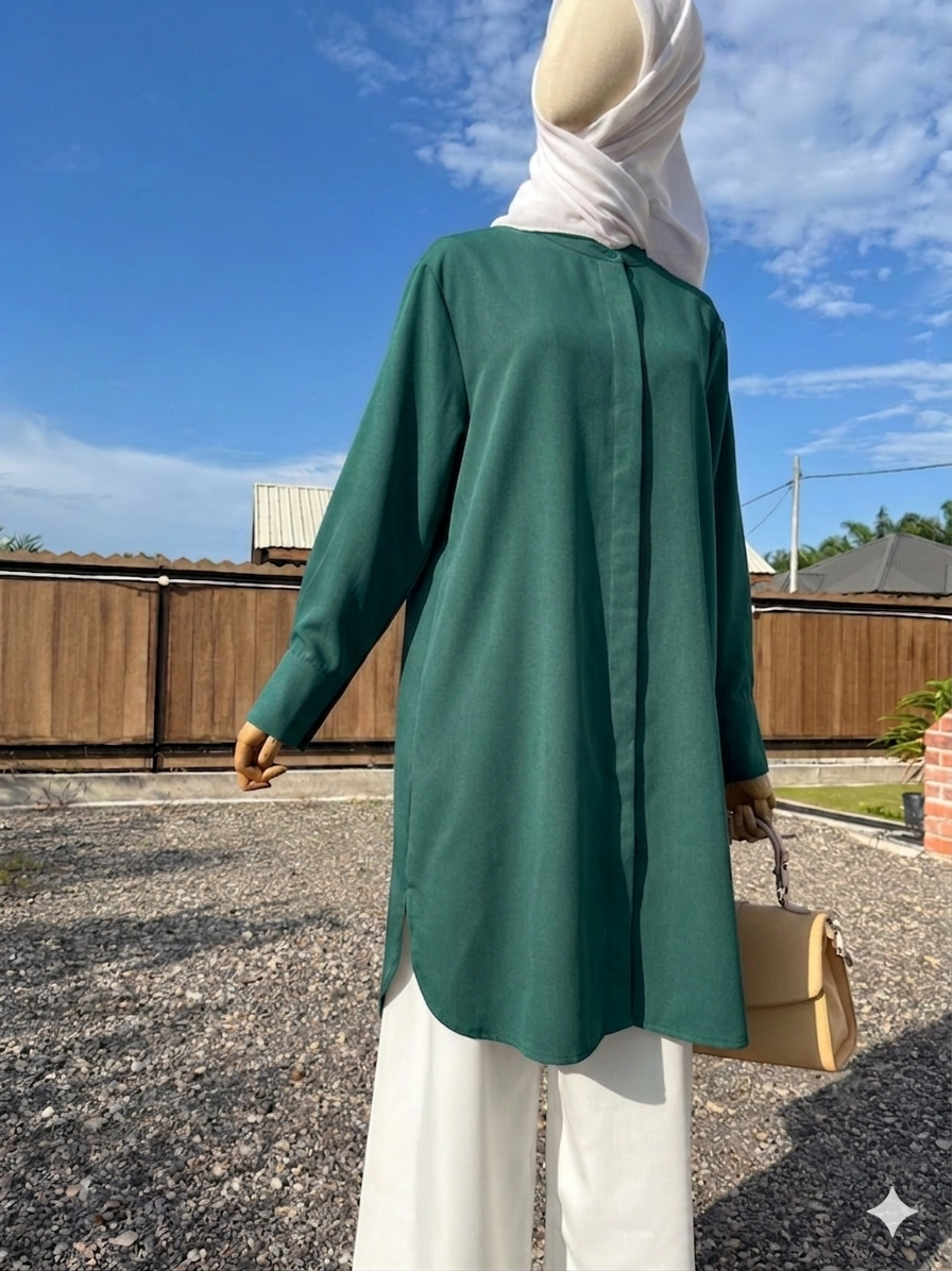 Blouse Labuh Muslimah Dania Long Tops In Emerald green - Image 3